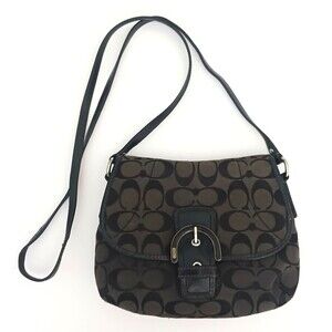 Coach Buckle Flap Front Blk Logo Jacquard Crossbody Patent Strap/Trim 9X6.5